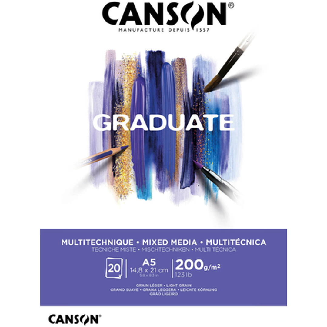Canson Graduate Mix Media Bloc Encolado de 20 Hojas A5 de 200g - Grano Fino - Color Blanco 1