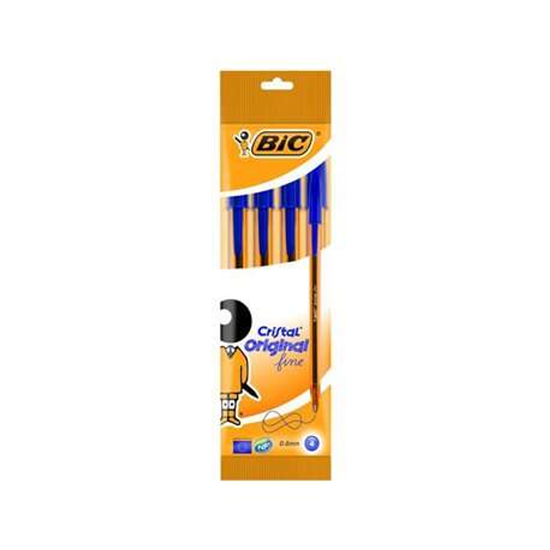 Bic Cristal Original Fine Pack de 4 Boligrafos de Bola - Punta Redonda de 0.8mm - Trazo de 0.3mm - Tinta con Base de Aceite - Color Azul 1