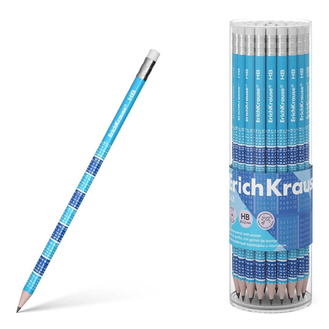 Erichkrause 2x2 Lapiz de Grafito HB con Goma de Borrar - Madera Seleccionada - Decorado con las Tablas de Multiplicar - Facil Afilado - Color Azul 1