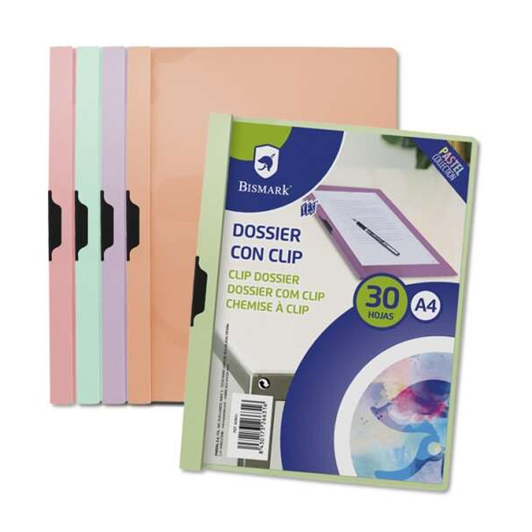 Bismark Dossier con Clip A4 - Capacidad 30 Hojas - Polipropileno Transparente - Clip Metalico Lateral - Colores Pastel Surtidos 1