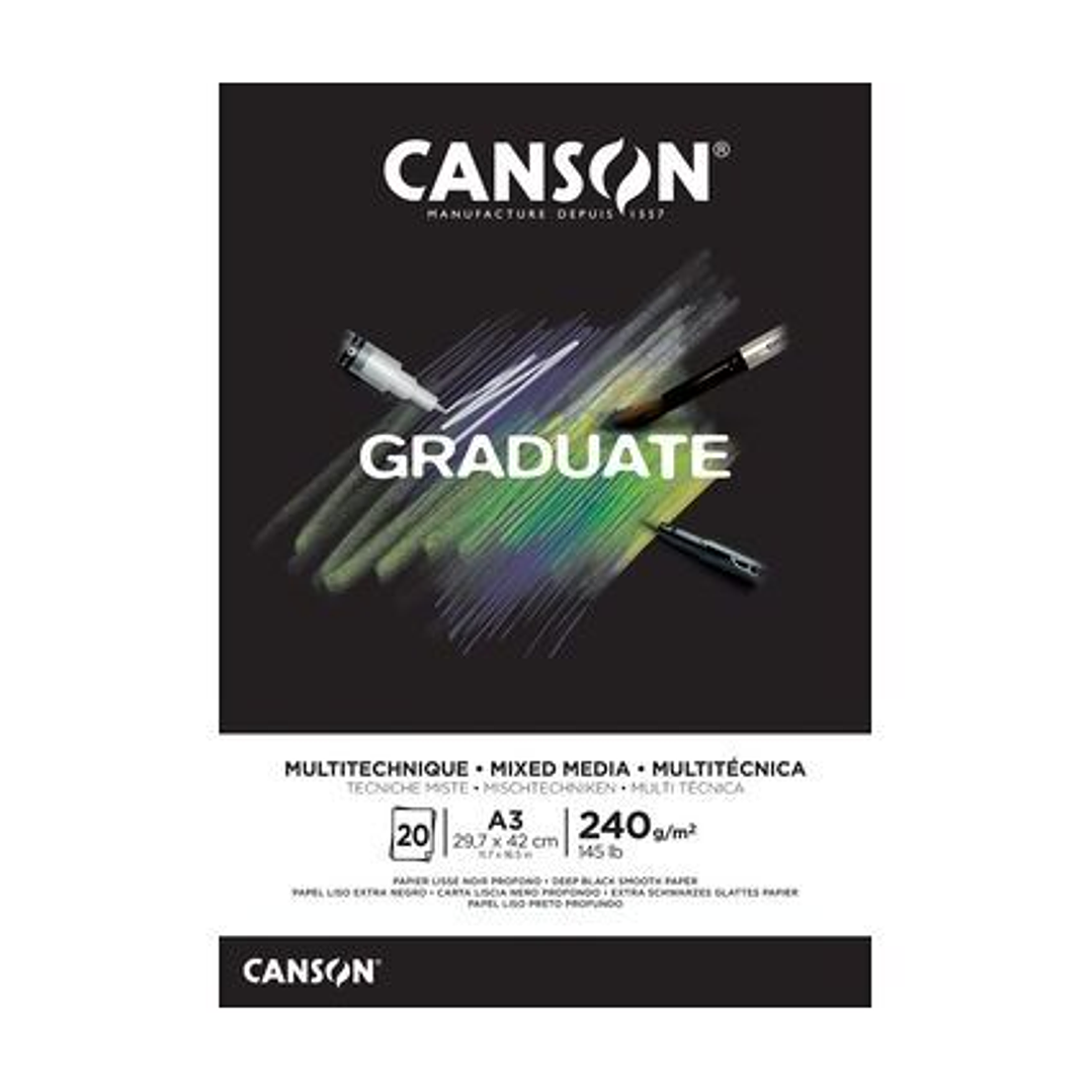 Canson Graduate Mix Media Bloc Encolado de 20 Hojas A5 - 240g - Grano Fino - Color Negro 1