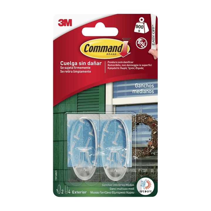 Command Pack de 2 Ganchos Medianos - para Uso en Exterior - 4 Tiras Adhesivas - Soporta hasta 0.9kg - Color Transparente 1
