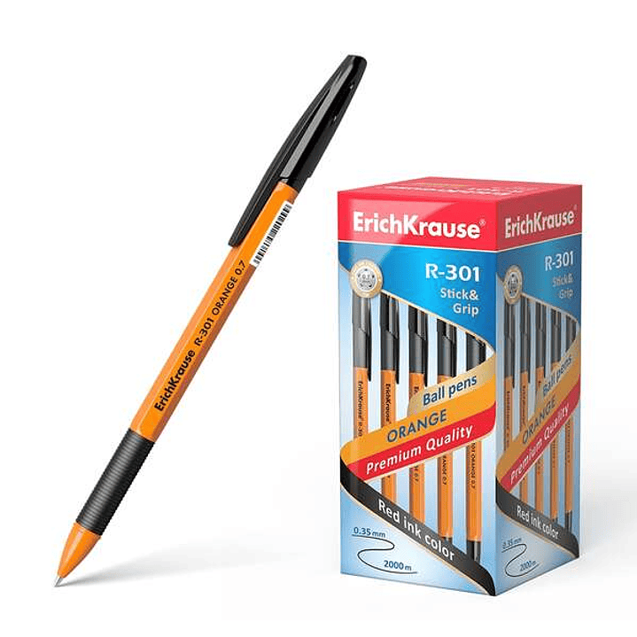 Erichkrause Boligrafo R-301 Stick&Grip 0.7 - Cuerpo Naranja con Agarre de Goma - Tinta de Secado Rapido - Color Negro 1