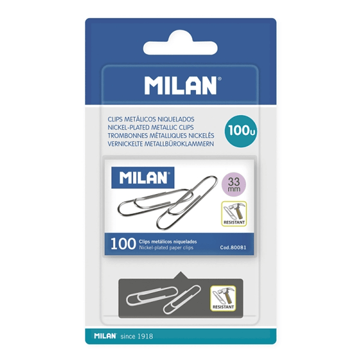 Milan Niquelados Pack de 100 Clips - 33mm - Color Plata 1