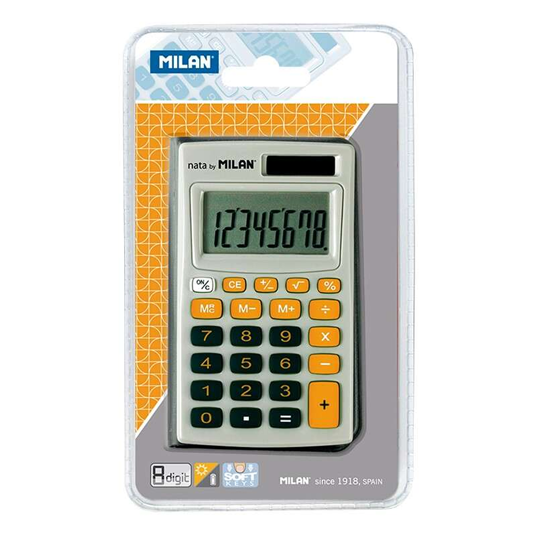 Milan Calculadora de Bolsillo 8 Digitos - 3 Teclas de Memoria y Raiz Cuadrada - Apagado Automatico - Incluye Funda - Color Gris y Naranja 1