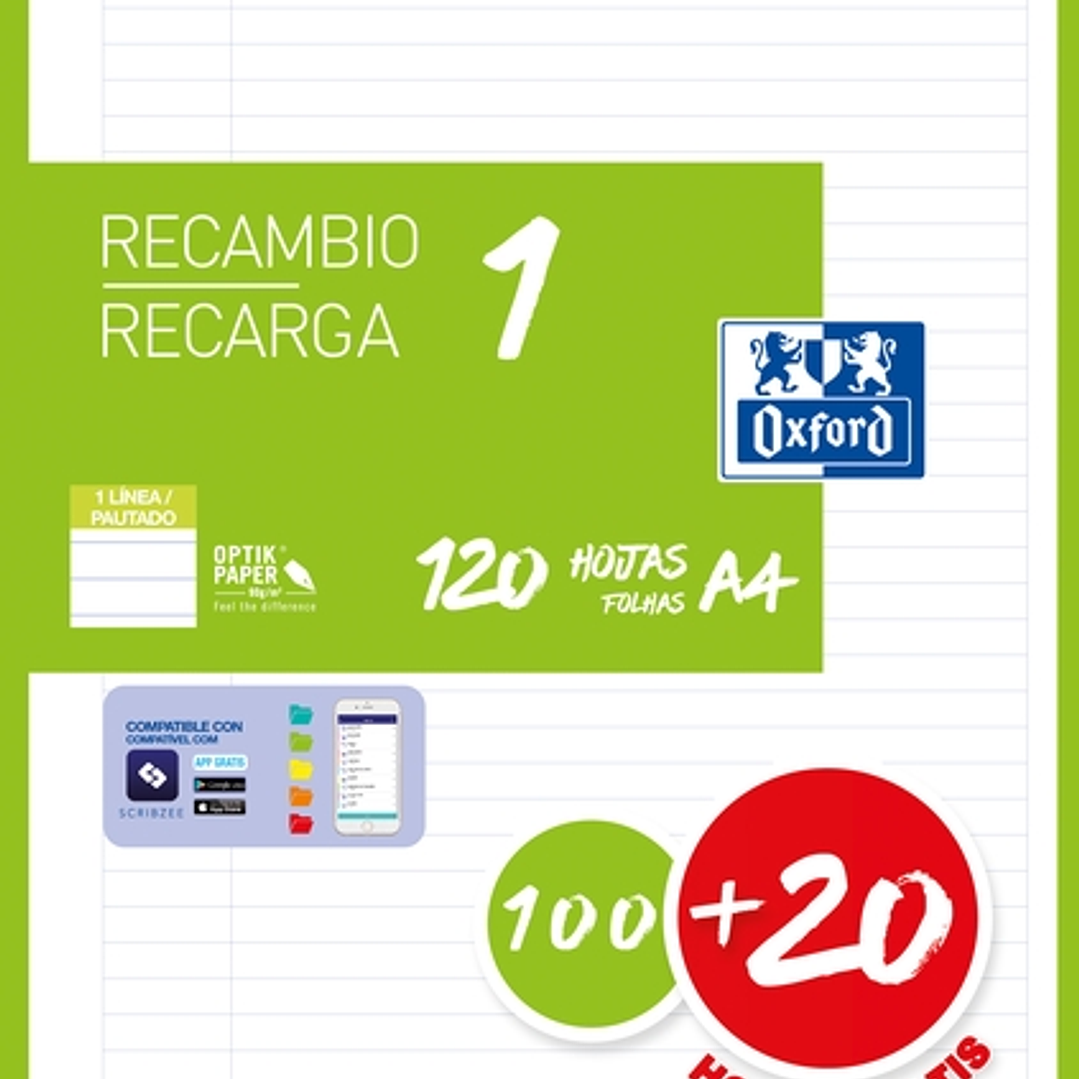 Oxford School Recambio A4 120 Hojas 1 Linea - 4 Taladros - Banda de Color Verde 1