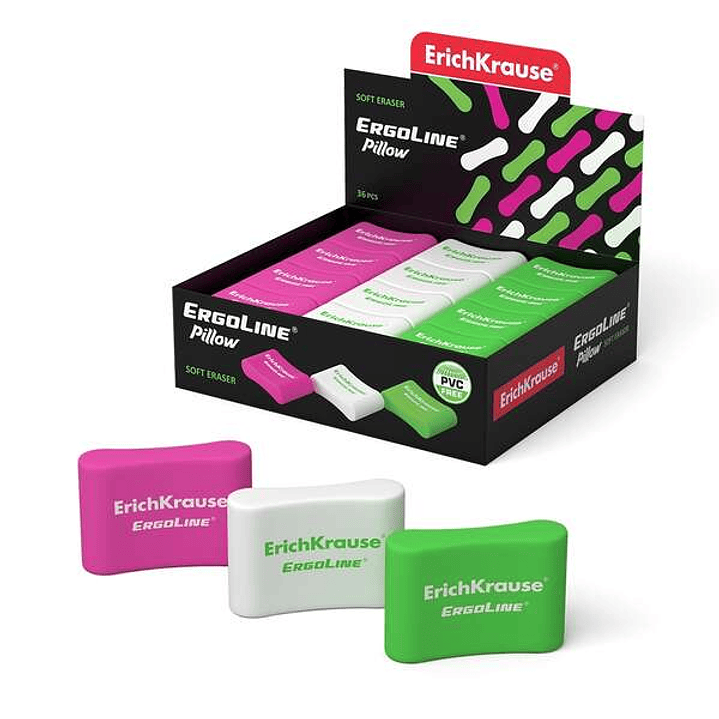 Erichkrause Ergoline Pillow Goma de Borrar Ergonomica - Fabricada de Caucho Termoplastico Hipoalergenico - Sin PVC - Colores Rosa, Blanco y Verde 1