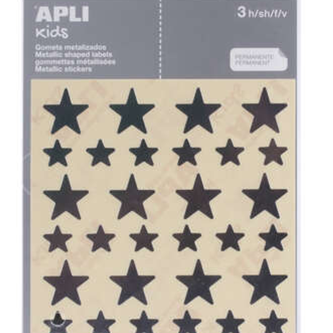 Apli Bolsa de Gomets en Forma de Estrella - Tamaño 12.5mm y 19.5mm - Adhesivo Permanente Plata - 3 Hojas y 120 Gomets - Normas EN-71 y FSC - Adhesivo  1