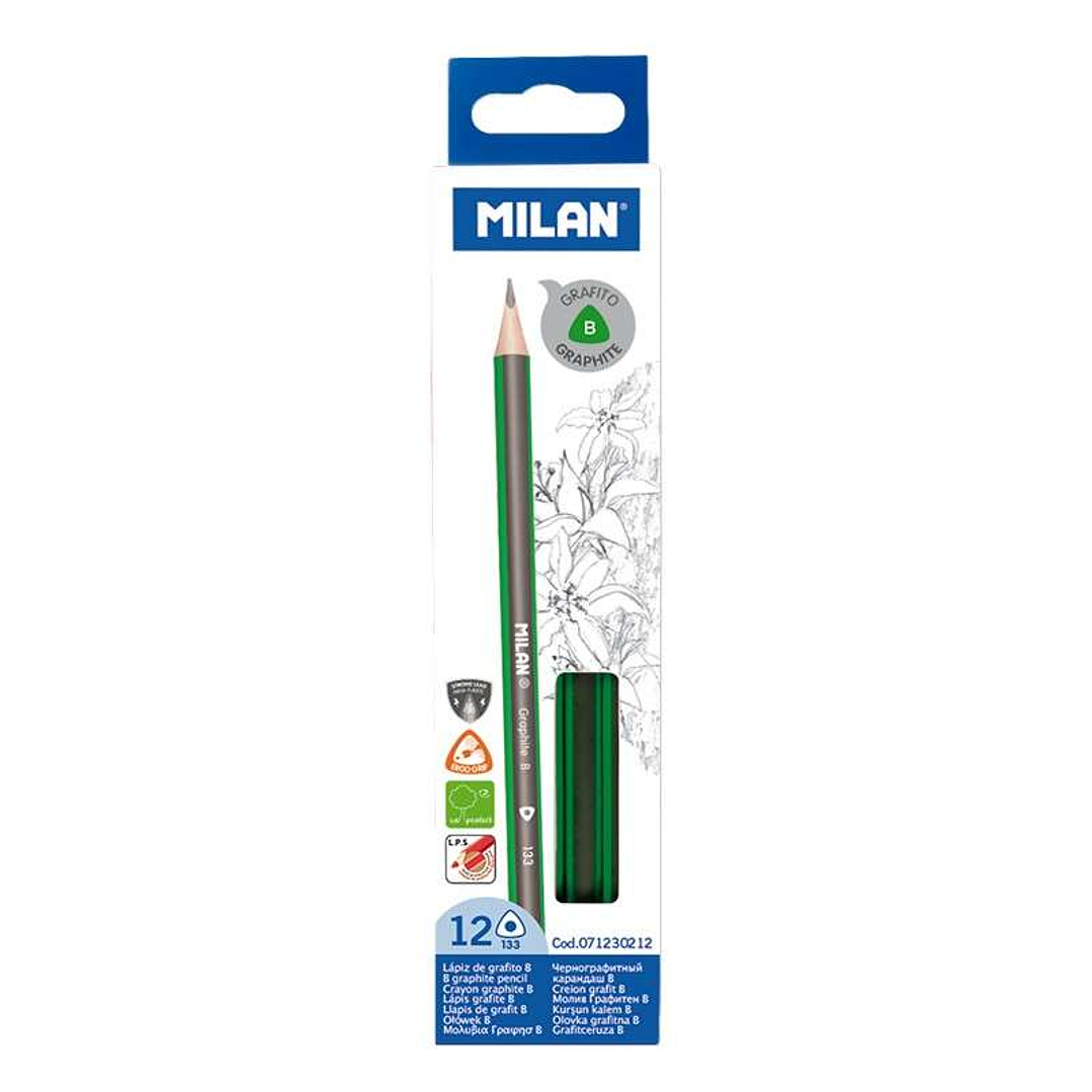 Milan Pack de 12 Lapices de Grafito Triangulares - Mina B de 2.4mm - Resistente a la Rotura - Para Escritura y Dibujo 1