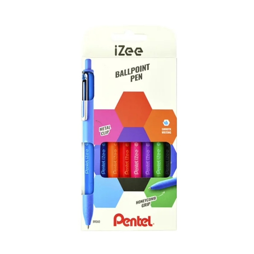 Pentel iZee Pack de 8 Boligrafos de Bola Retractiles - Punta 0.7mm - Trazo 0.35mm - Clip de Metal - Colores Surtidos 1