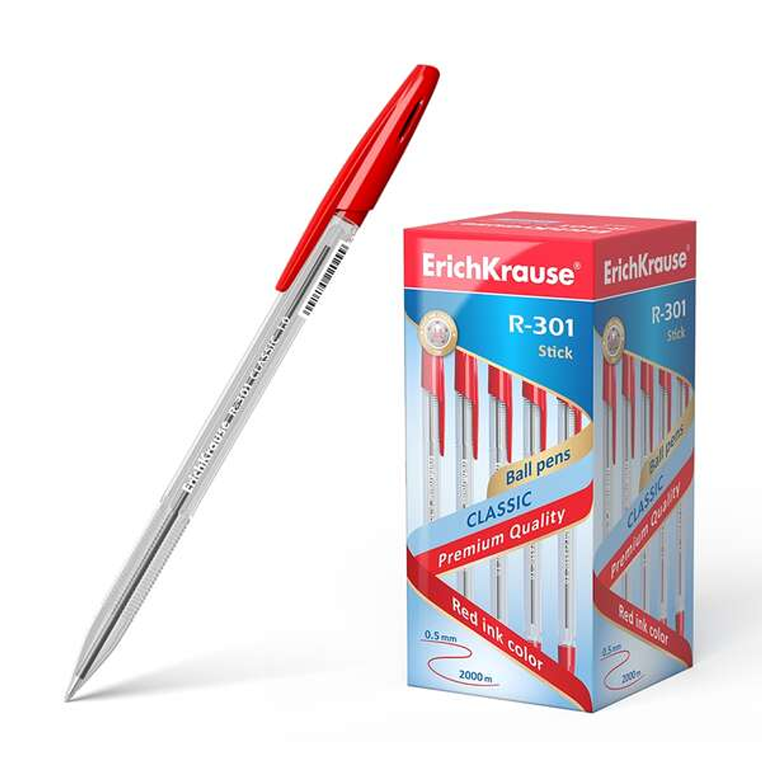 Erichkrause R-301 Boligrafo de Bola Punta 1.0mm - Trazo 0.5mm - Tinta de Secado Rapido - Cuerpo Transparente - Capuchon Ventilado - Color Rojo 1