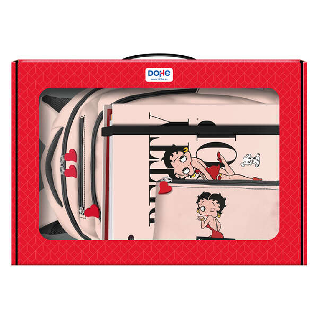 Dohe Betty Boop Pack de Mochila 3 Compartimentos Grande + Carpeta A4 Recambio + Portatodo Triple - Todo en un Maletin Perfecto para Regalo 1