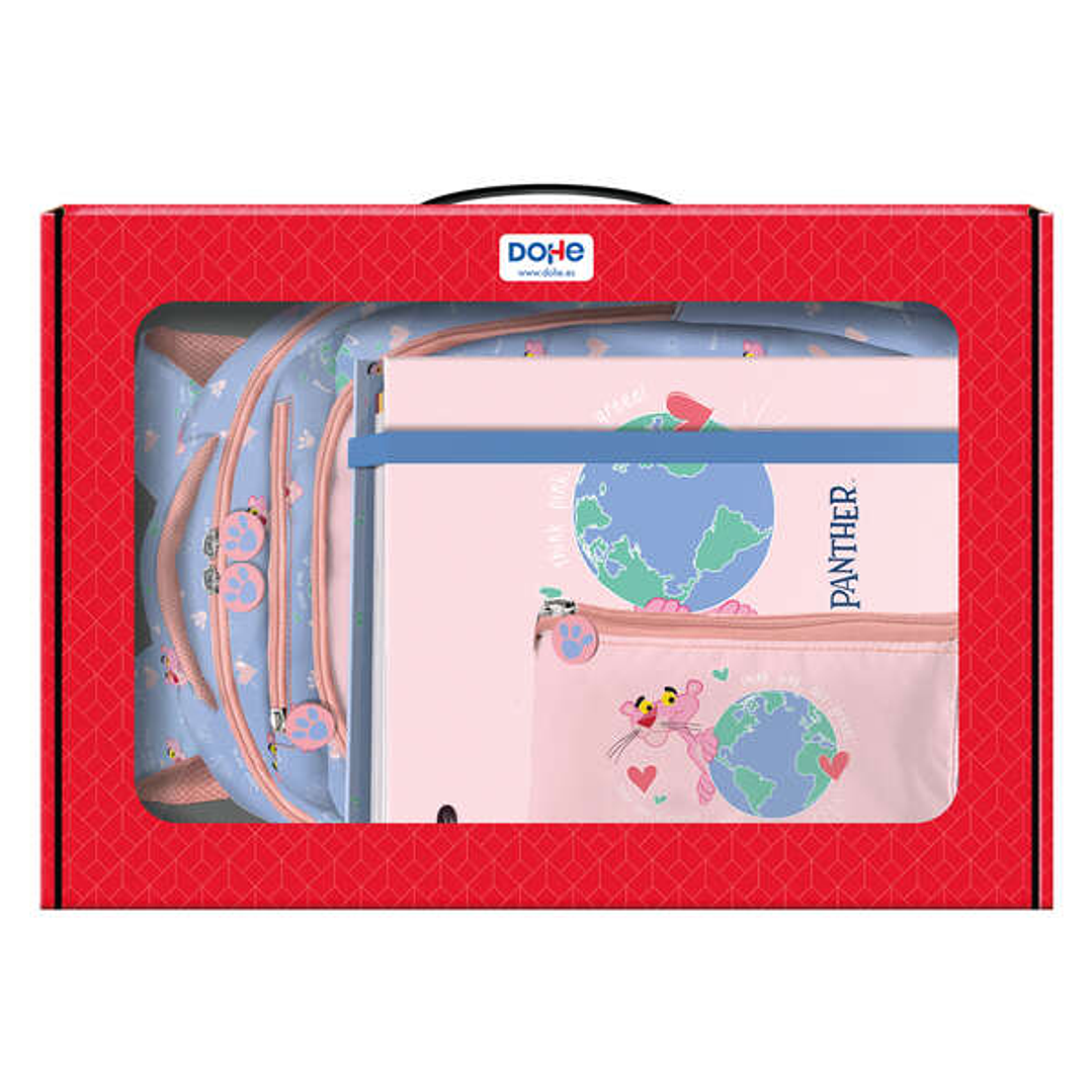 Dohe Pack Mochila, Carpeta y Portatodo Pink Panther - Maletin Regalo 365x515x105mm - Carpeta A4 Recambio - Mochila 3 Compartimentos Grande - Portatodo 1