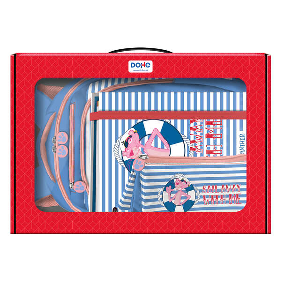 Dohe Pack Mochila, Carpeta y Portatodo Pink Panther - Maletin Regalo 365x515x105mm - Carpeta A4 Recambio, Mochila 3 Compartimentos Grande - Portatodo  1