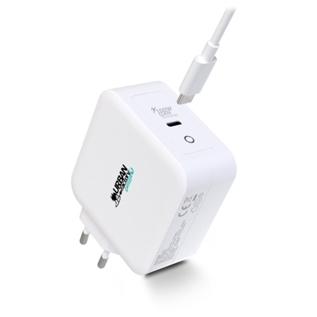 Urban Factory Cyclee Cargador de Pared USB-C GaN de 100W - Diseño Ecologico - Cable USB-C/USB-C de 2m - Color Blanco 1