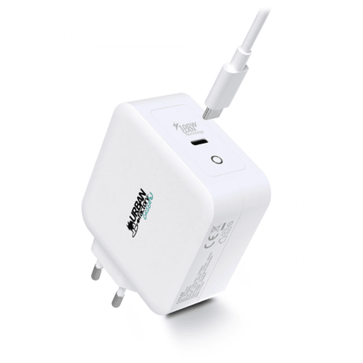 Urban Factory Cyclee Cargador de Pared USB-C GaN de 100W - Diseño Ecologico - Cable USB-C/USB-C de 2m - Color Blanco 1