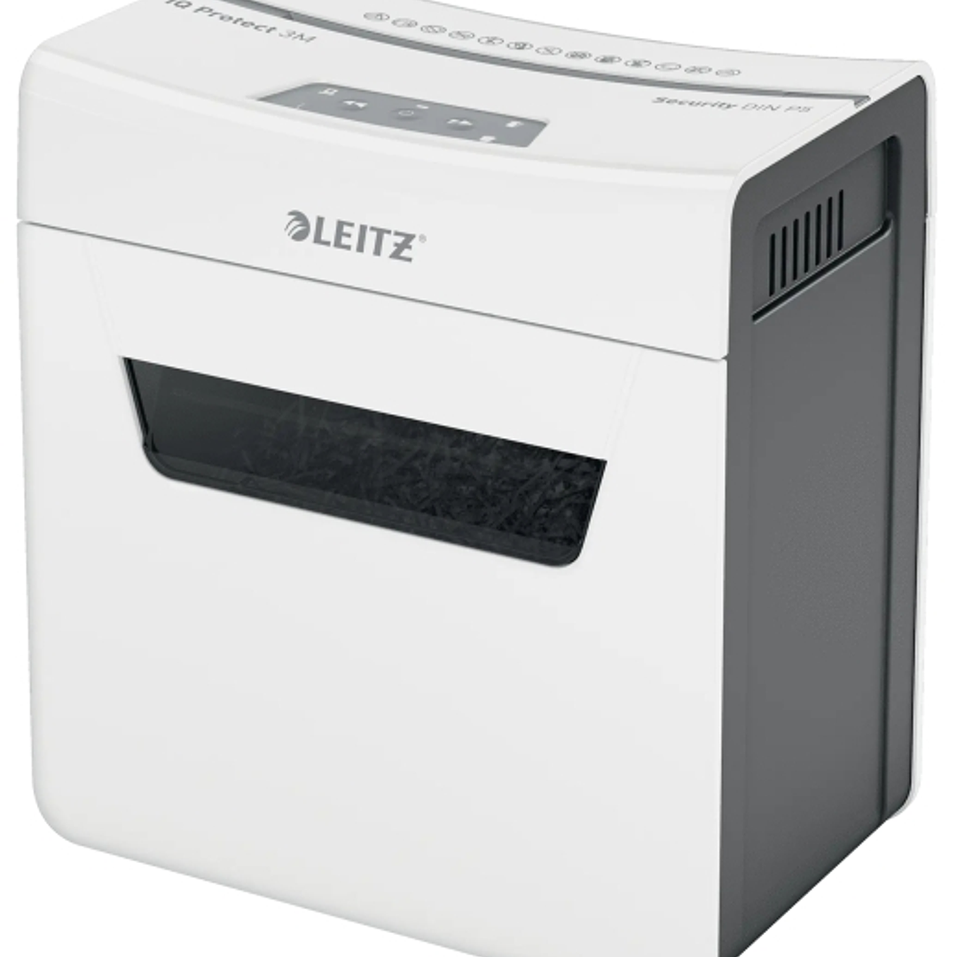 Leitz IQ Protect Premium 3M Destructora de Papel Manual Micro Corte P-5 - Destruye hasta 3 Hojas - Ultrasilenciosa - Papelera de 10L - Color Blanco/Gr 1