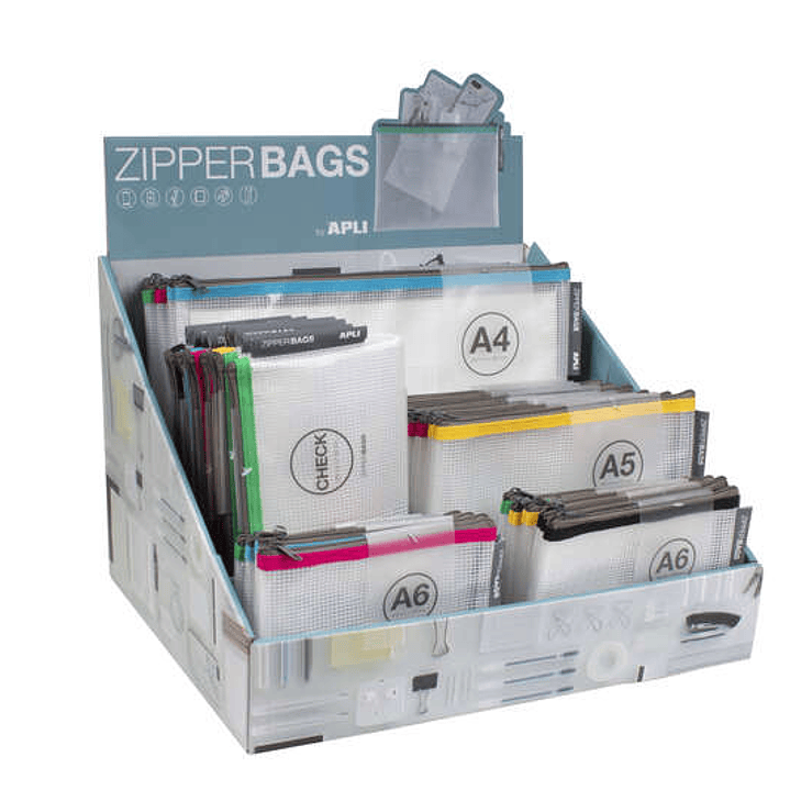 Apli Expositor de Zipper Bags - 80 Unidades en 4 Medidas Surtidas - 5 Colores Resistentes - Goma Eva Transparente de Alta Calidad 1