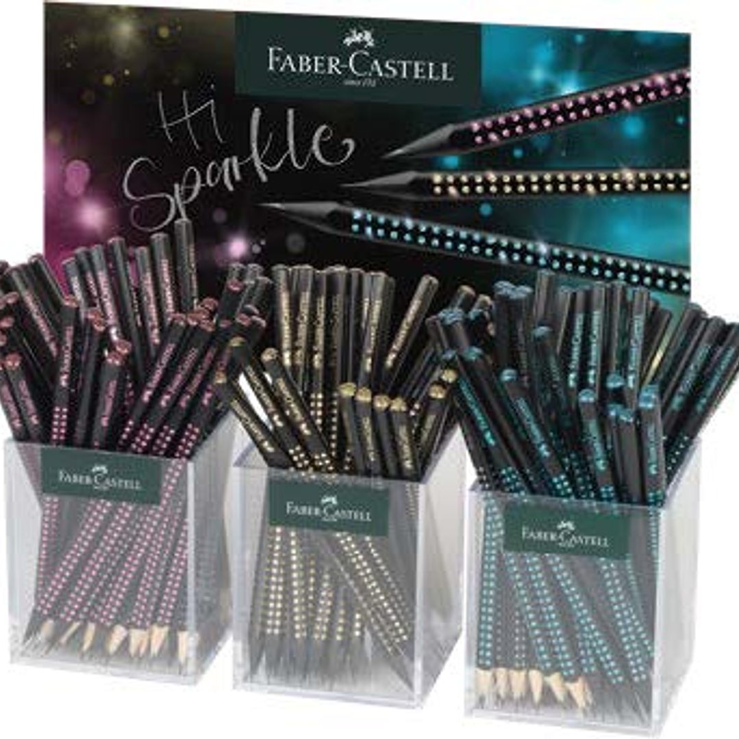 Faber-Castell Sparkle Medianoche Expositor con 144 Lapices Triangulares de Grafito B - Mina Resistente a la Rotura - Con Boton de Purpurina Rosa, Ocea 1