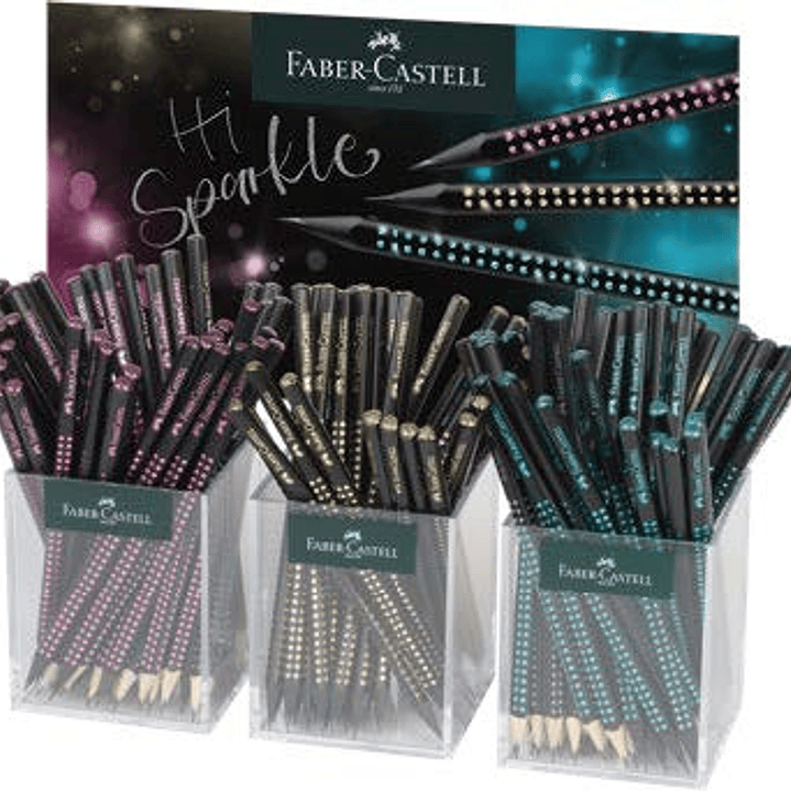 Faber-Castell Sparkle Medianoche Expositor con 144 Lapices Triangulares de Grafito B - Mina Resistente a la Rotura - Con Boton de Purpurina Rosa, Ocea 1