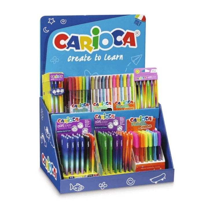 Carioca Expositor Fiorella Incluye 5 OOPS Easy Blister de 3uds Blue Red, 7 OOPS Easy Blister de 6uds, 7 Fiorella Metallic de 6uds, 7 Fiorella Neon de  1