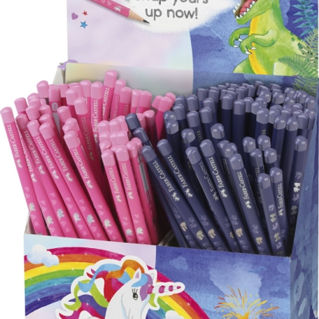 Faber-Castell Expositor de 144 Lapices de Grafito HB - Diseños con Motivos de Dinosaurios y Unicornios - Colores Surtidos 1