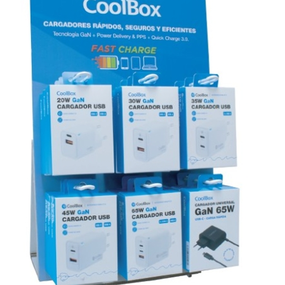 Coolbox Expositor con 18 Cargadores GaN - Quick Charge 3.0 - Power Delivery 1