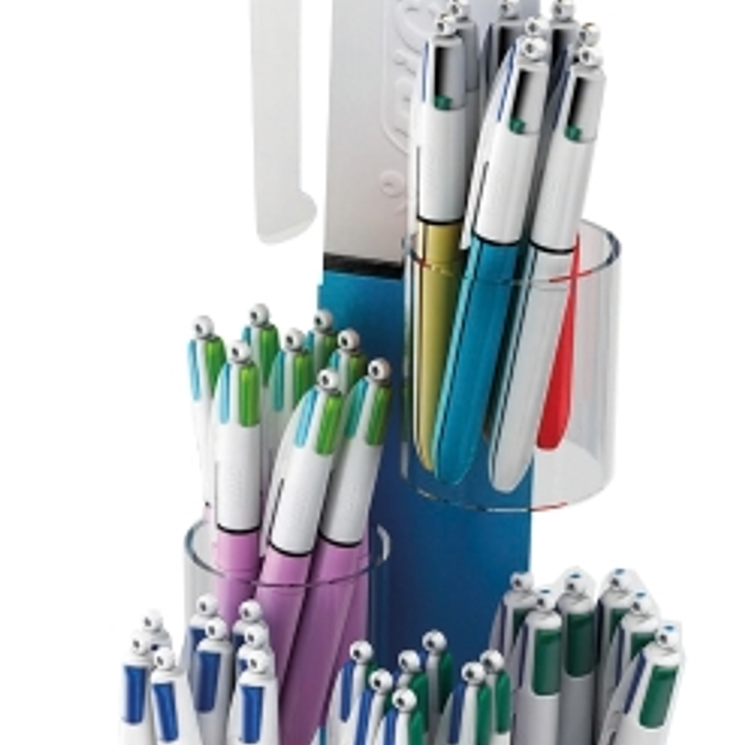 Bic 4 Colours Expositor de 60 Boligrafos de Bola Retractiles + 100 Boligrafos Bic Cristal Azul de Regalo - Punta Media de 1.0mm - Tinta con Base de Ac 1