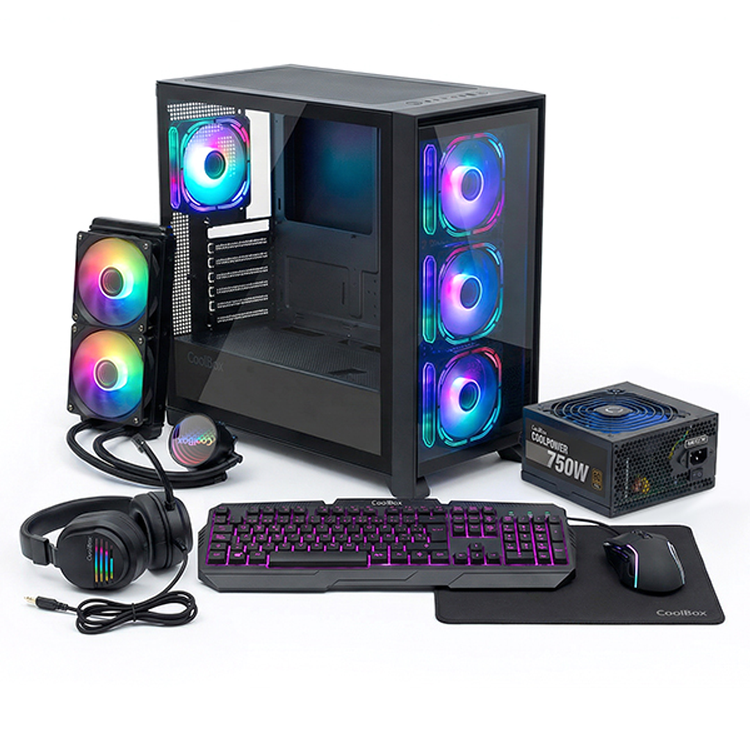 Coolbox COO-PACK-GMNG Pack Gaming Caja GE2000 + Refrigeración Liquida Infinite Liquid240 ARGB + Fuente CoolPower 750W + Kit Gaming XWing-2ares Jack 3. 1