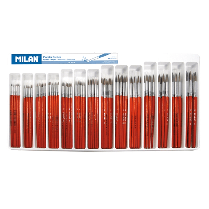 Milan 101 Pack de 144 Pinceles Escolares Redondos - Pelo de Cabra y Sintetico - Formatos Surtidos - Mango de Madera - Color Marron 1