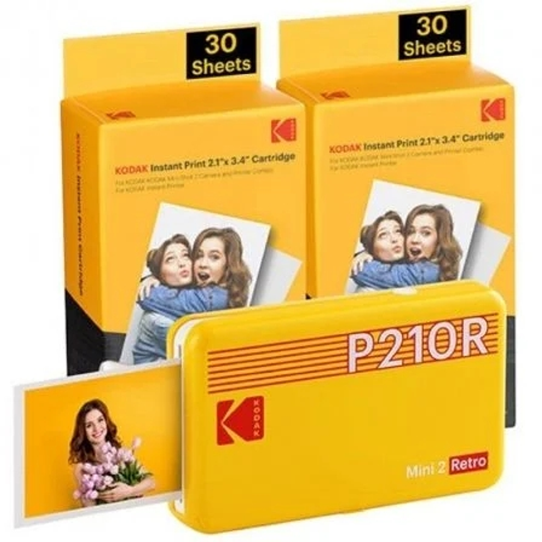 Kodak Mini 2 Retro Pack de Impresora Fotografica Portatil Bluetooth + 60 Hojas de Papel Fotografico - Formato de Impresion 5,3x8,6cm - Alimentacion po 1