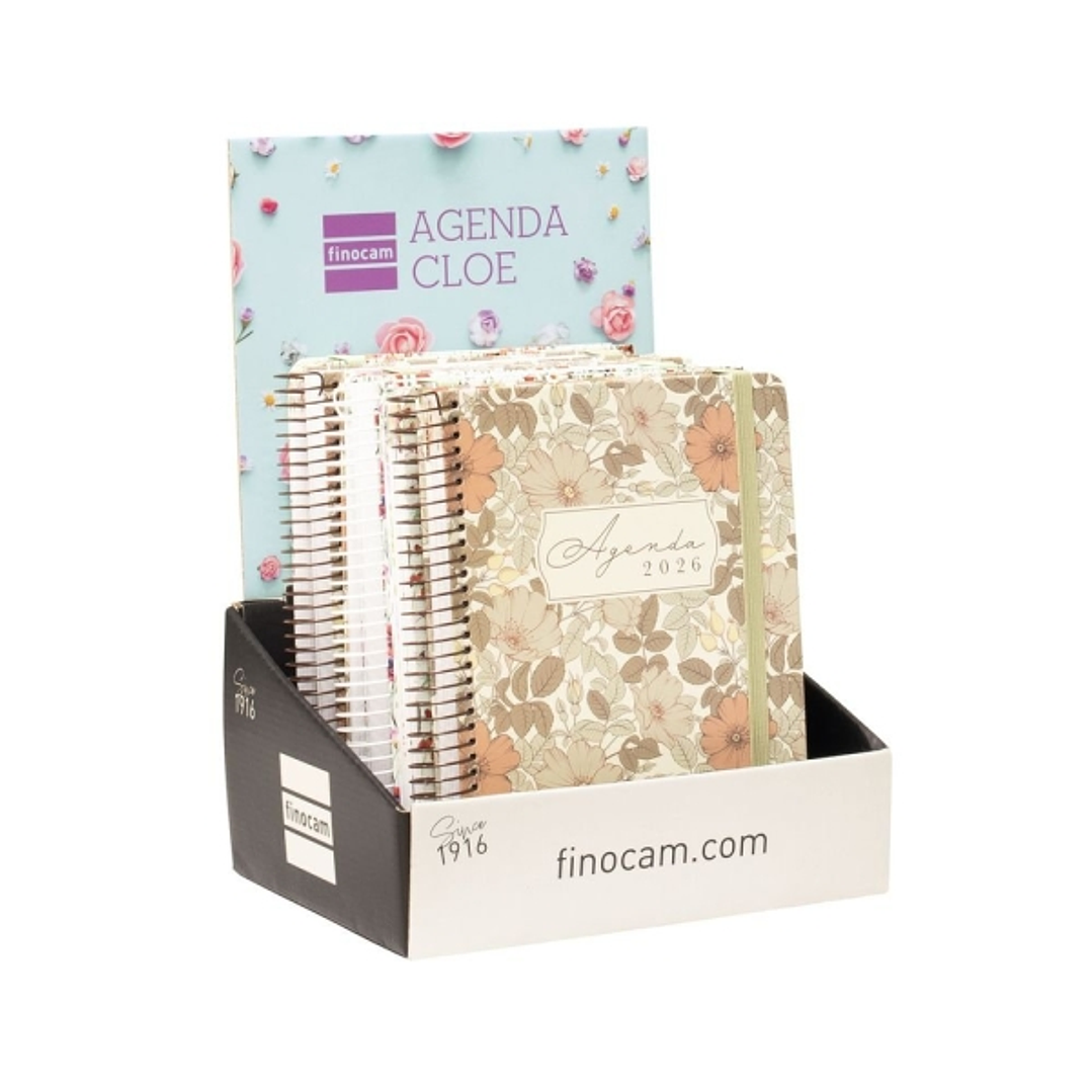 Finocam Cloe Expositor con 6 Agendas de Espiral en Catalan - Anual 2026 - Planificador - Cierre de Goma - Formato E10 - 1 Dia por Pagina - Color Surti 1