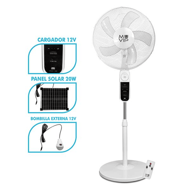 Muvip Ventilador de Pie Solar - 12000mAh - 40cm - 4 Velocidades - Luz LED - USB - Color Blanco 1