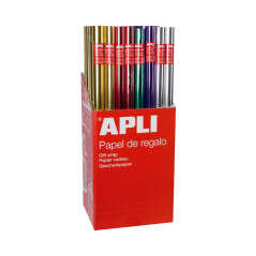 Apli Expositor de 55 Rollos de Papel Regalo Metalizado - 11 Rollos por Color - Medidas del Rollo 0.70x2m - Colores Lila, Oro, Plata, Rojo, Verde 1