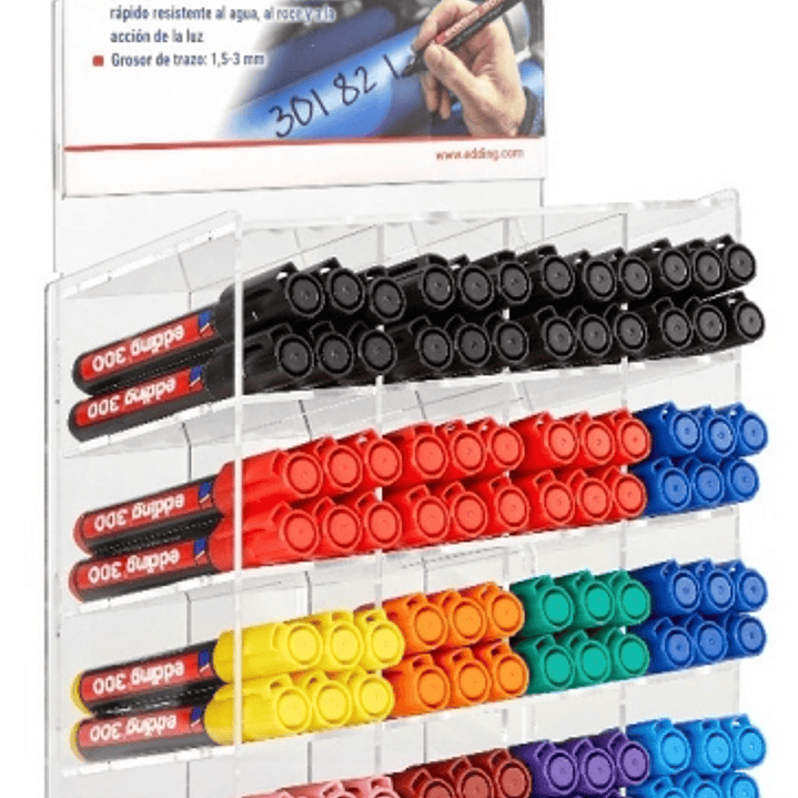 Edding 300 Expositor de 96 Rotuladores Permanentes - Punta Redonda - Trazo entre 1.5 y 3mm - Tinta Casi Inodora - Capuchon con Clip - Secado Rapido -  1