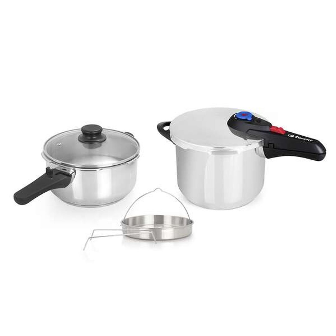 Orbegozo HP 4566 Olla Rapida de Acero Inoxidable - Dos Ollas con Sistema de Seguridad - Fondo Termo Difusor - Selector Gradual de Presion - Accesorio  1