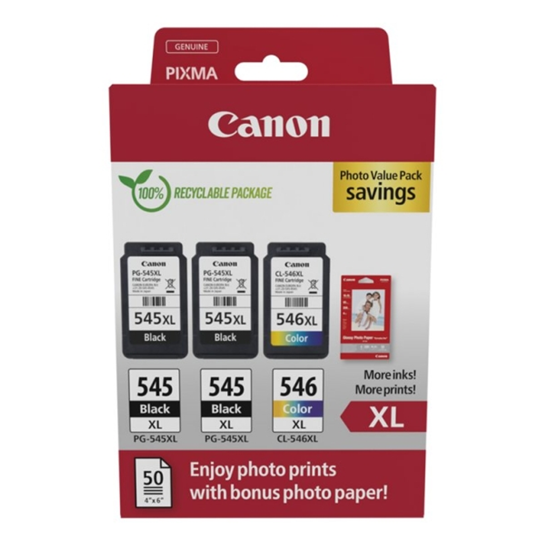 Canon PG545XL Negro + CL546XL Color Pack de 3 Cartuchos de Tinta Originales + 50 Hojas de Papel Fotografico - 8286B015 1