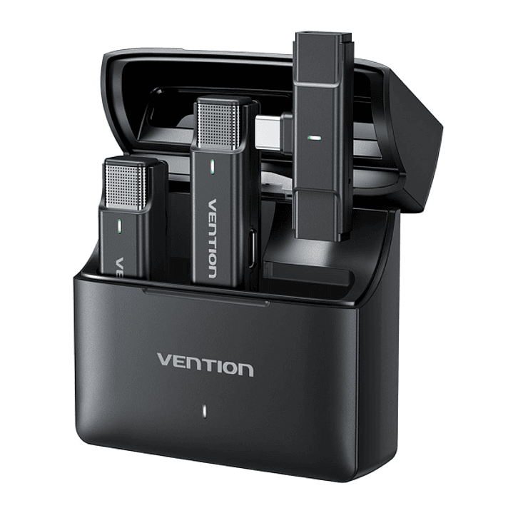 Vention Levalier Microfono Clip Inalambrico USB-C - Cancelacion de Ruido Avanzada - Bateria 30h - Rango 300m - Color Negro 1