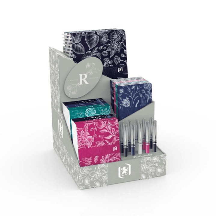 Oxford Romance Expositor con 10 Blocs Grapados A6, 10 Libreta Grapadas A6, 5 Cuadernos Espiral A5 y 10 Boligrafos 1