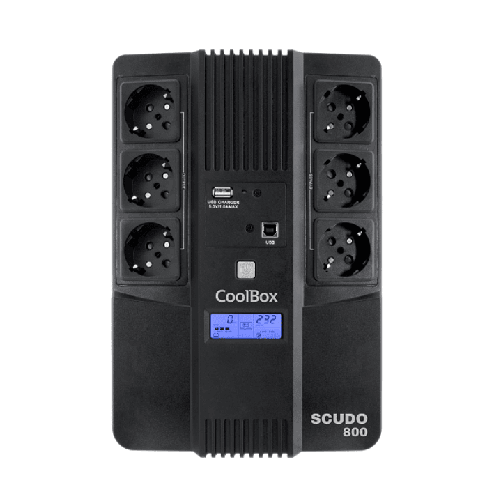 Coolbox Scudo3 SAI 800VA 480W - 6x Schukos - USB - 2x RJ45 - Proteccion Completa Frente a Picos de Tension y Cortes de Suministro - Pantalla LCD 1