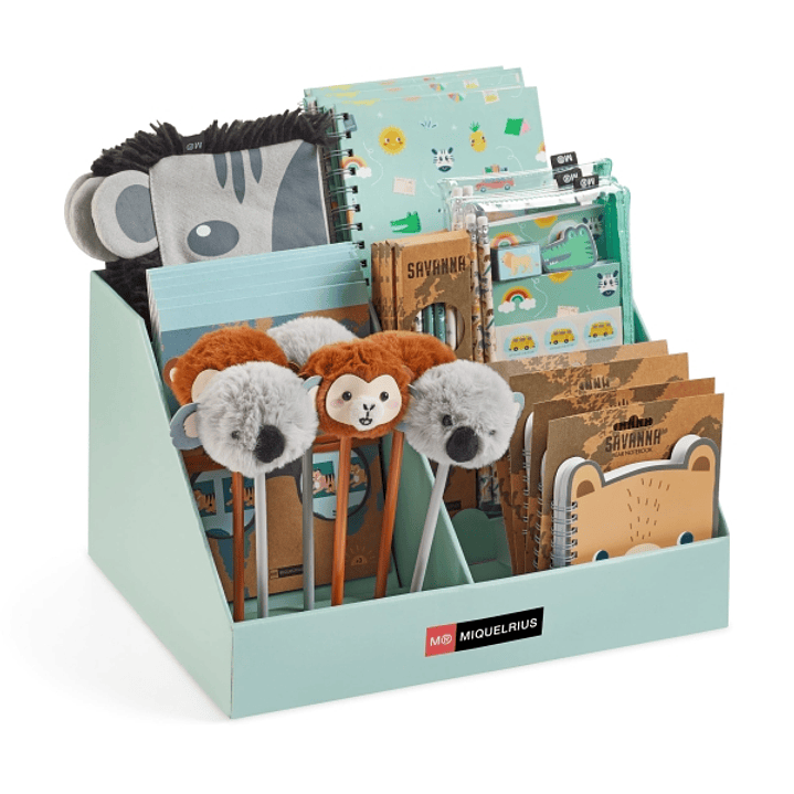 Miquel Rius Savanna Expositor Multiproducto con 29 Piezas Surtidas de Cuadernos, Portatodos, Lapices, Sets de Pegatinas y Boligrafos 1