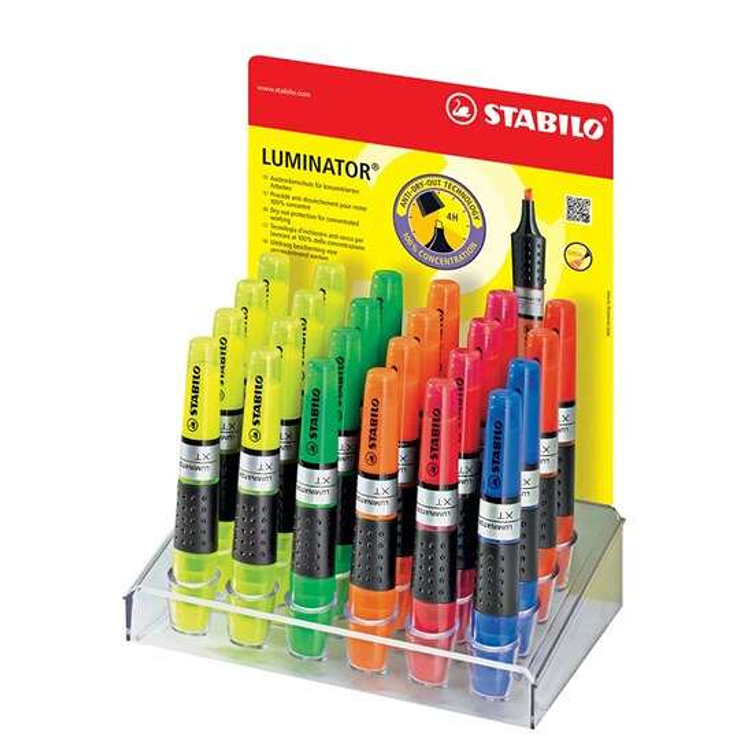 Stabilo Luminator Expositor de 24 Marcadores Fluorescentes - Mayor Suministro de Tinta - Zona de Agarre - Trazo entre 2 y 5mm - Colores Verde, Amarill 1