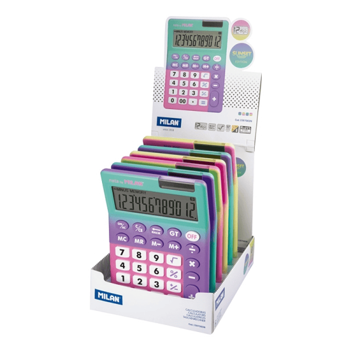 Milan Sunset Expositor con 6 Calculadoras - 12 Digitos - Colores Surtidos 1