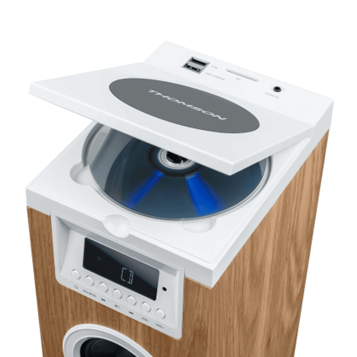 Thomson DS121CD Torre de Sonido Bluetooth 30W, Radio FM, USB, Reloj Digital, Diseño Madera/Blanco 1