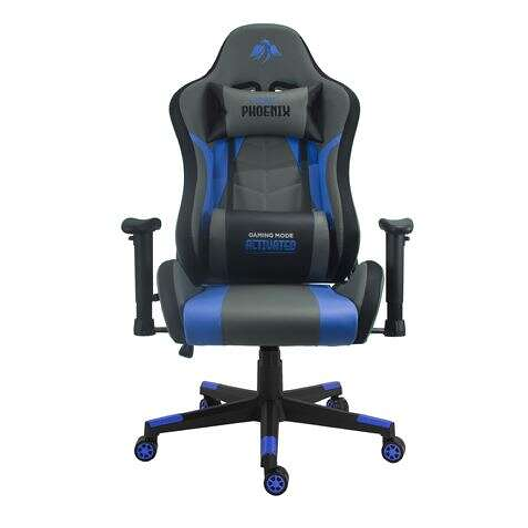 Cromad Serie Phoenix Silla Gaming - Altura Regulable con Piston de Gas Clase 2 - Reclinable hasta 180º - Cojines Lumbar y Cervical - Color Gris/Azul/N 1