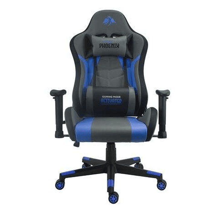 Cromad Serie Phoenix Silla Gaming - Altura Regulable con Piston de Gas Clase 2 - Reclinable hasta 180º - Cojines Lumbar y Cervical - Color Gris/Azul/N 1