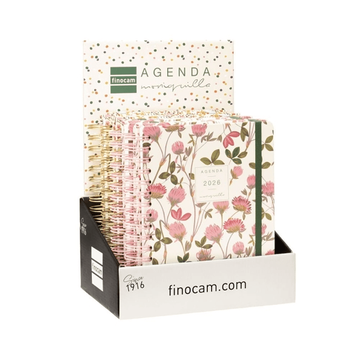 Finocam Moniquilla Expositor con 8 Agendas de Espiral Surtidas - Anual 2026 - Planificador - Cierre de Goma - Formato E10 - Color Surtidos 1