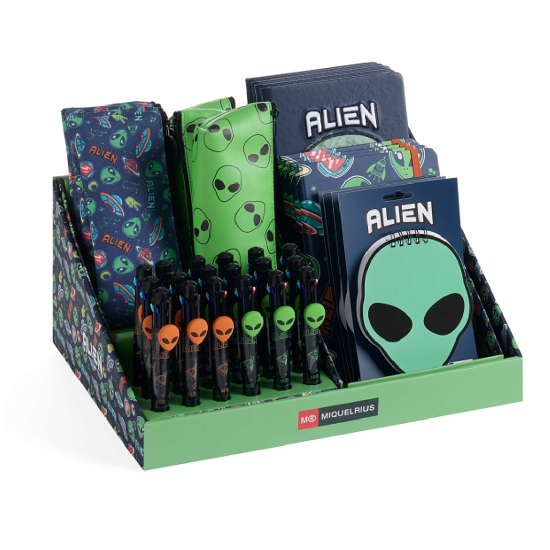 Miquel Rius Alien Expositor Multiproducto con 38 Piezas Surtidas de Cuadernos, Portatodos Rectangulares, Triangulares y Boligrafos de 8 Colores 1