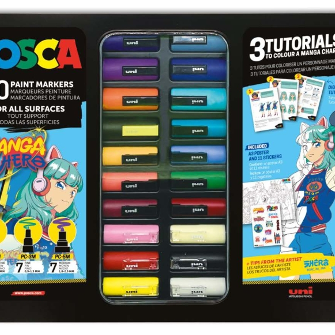 Posca Manga Hero Maleta Metalica con 20 Marcadores de Pintura + 3 Tutoriales - Surtido en Color y Trazo - Punta de Poliester - Tinta Pigmentada Base A 1