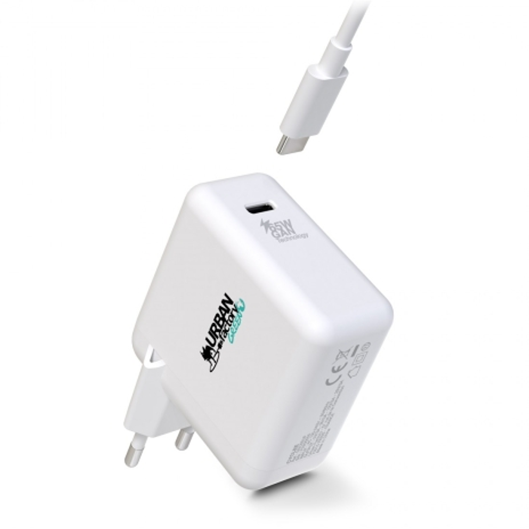 Urban Factory Cyclee Cargador de Pared USB-C GaN de 65W - Diseño Ecologico - Cable USB-C/USB-C de 2m - Color Blanco 1